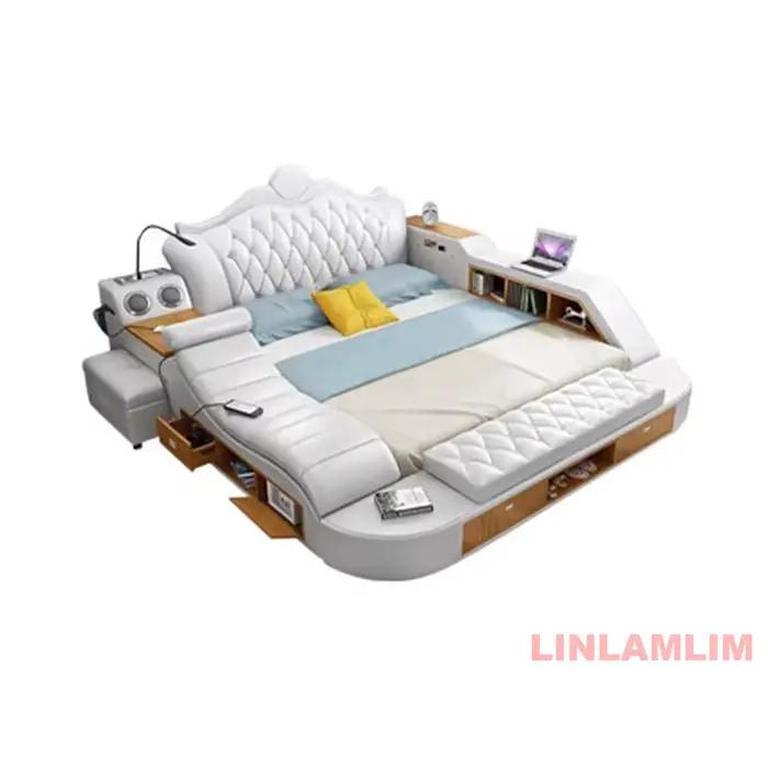 Lit rembourré King/Queen Size, cadre de lit plateforme moderne en cuir véritable avec rangement, têt