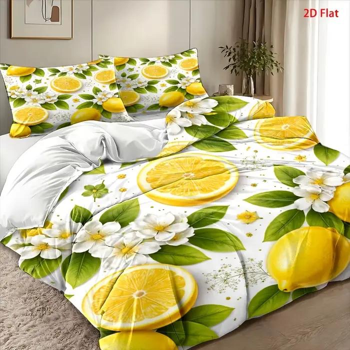 Ensemble de housse de couette 3 pièces motif citron frais et floral, ensemble de literie 3 pièces (1