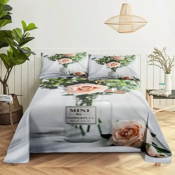 Ensembles de draps de lit roses College en fleurs 3D, couverture plate et douce pour femmes, enfants
