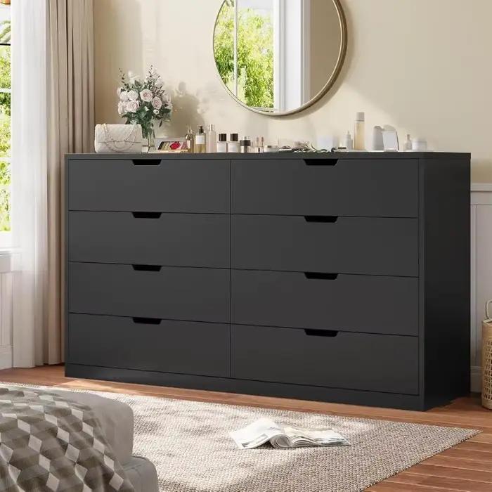 Commode moderne noire à 8 tiroirs pour chambre, salon, couloir - Meuble de rangement robuste avec ti