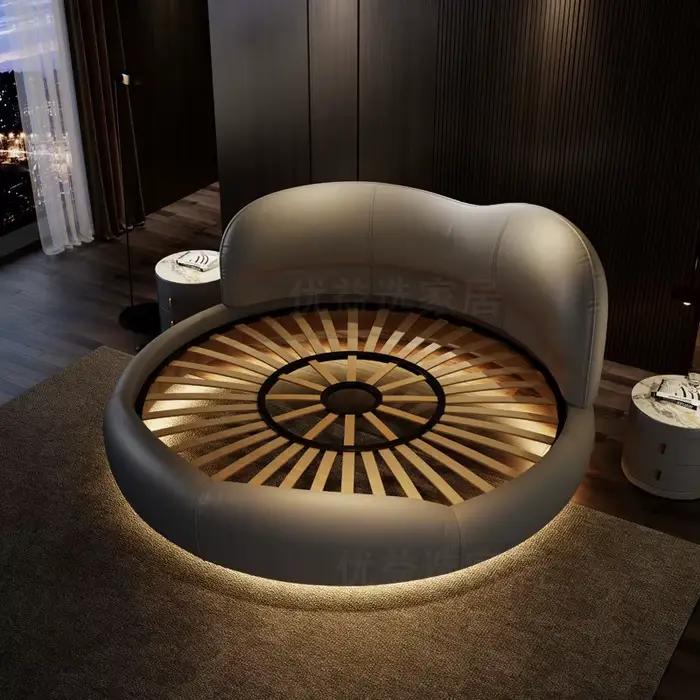 Lit rond unique de style japonais, sans matelas, cadre de lit pleine grandeur avec tête de lit rembo