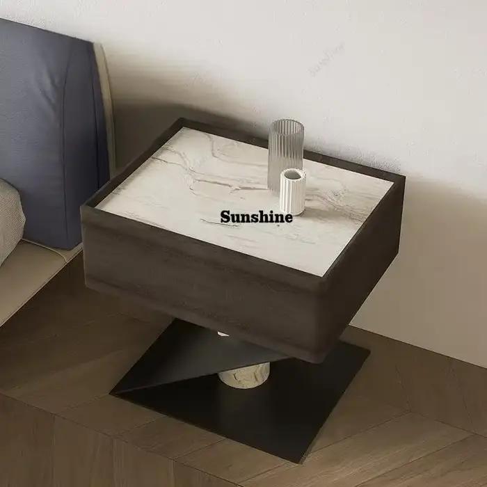 Table de chevet minimaliste en bois massif TS, table de chevet design avec plateau en marbre naturel