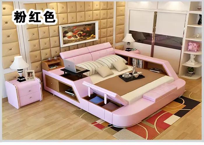 Cadre de lit moelleux en cuir véritable, design moderne avec espaces de rangement, mobilier d'intéri
