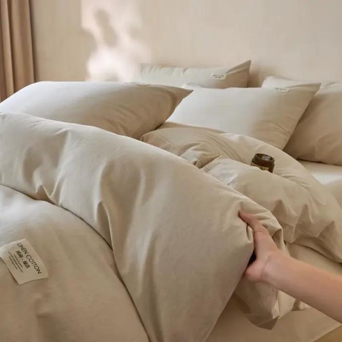 Parure de lit 4 pièces en lin et coton, ultra respirante et douce, housse de couette, drap et taies 
