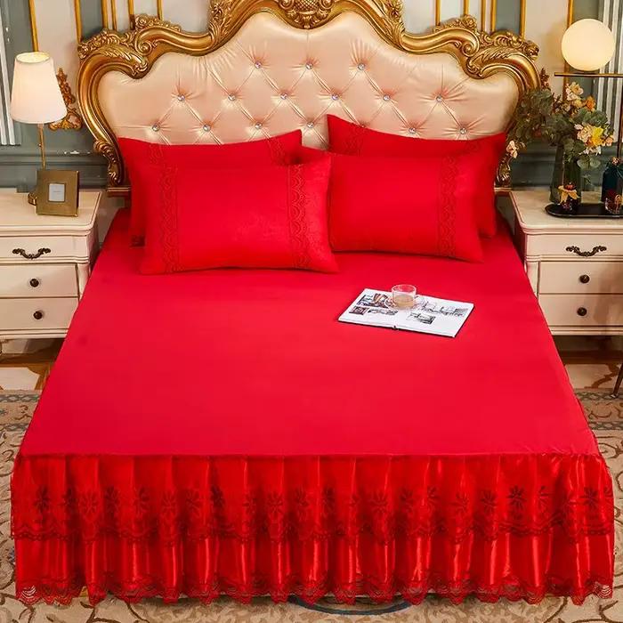 Ensemble de 3 pièces de jupe de lit en dentelle douce, couvre-lit King/Queen Size, couleur unie, lux
