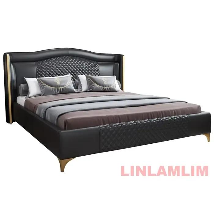 Linlamlim Lit rembourré de luxe en cuir véritable avec tête de lit matelassée – Lit souple moderne K
