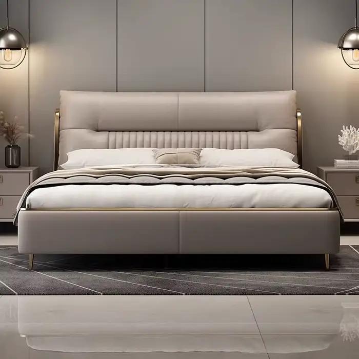 Lit double en cuir Nappa, design nordique, tête de lit à dossier souple, lit pour 2 personnes, cadre