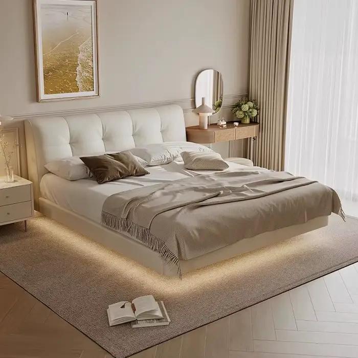 Lit souple en cuir véritable, Design moderne, meubles de chambre Cama Fashion King/Queen Size