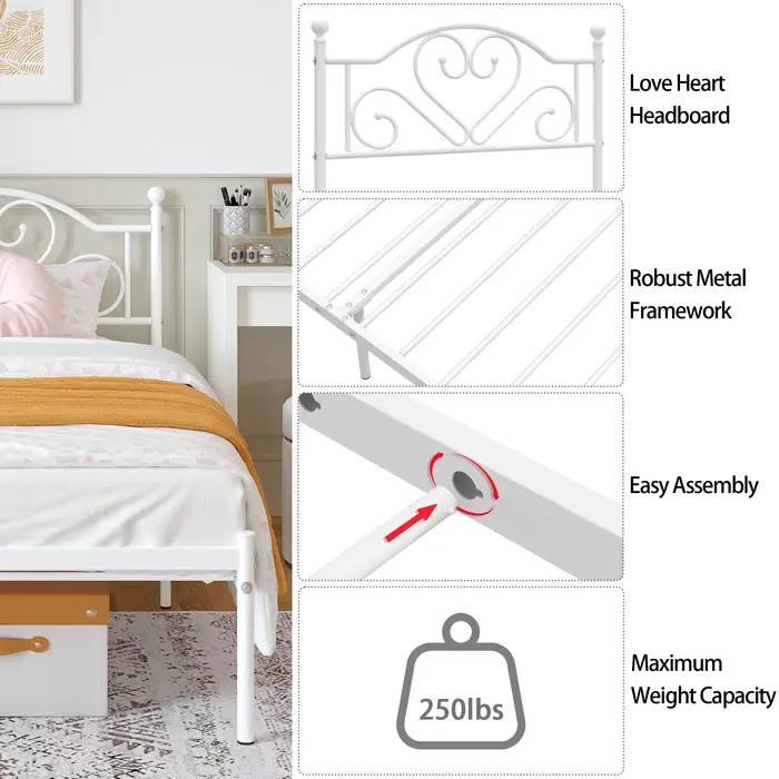 Cadre de lit double avec tête de lit, lit plateforme en métal robuste avec rangement sous le lit