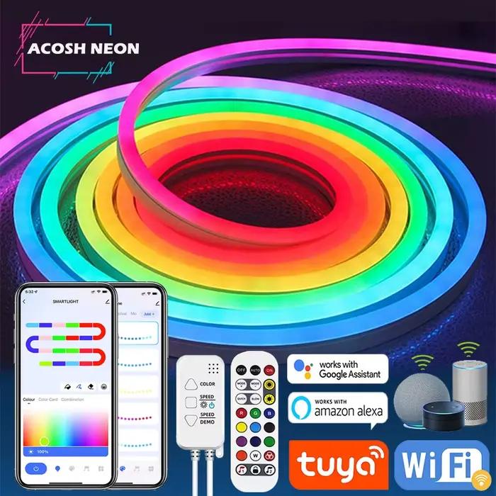 Bande lumineuse LED néon TUYA 12-24V 84LED s/M, corde lumineuse en Silicone avec synchronisation de 