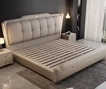 Lit de mariage en cuir, lit double, chambre principale, avec rangement simple, de type italien, base