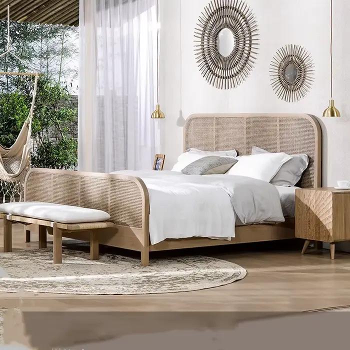Cadre de lit minimaliste classique en chêne et rotin, mobilier de chambre surdimensionné pour suites
