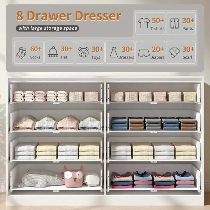 Commode cannelée pour chambre à coucher avec 8 tiroirs, commode double blanche de 55 pouces de large