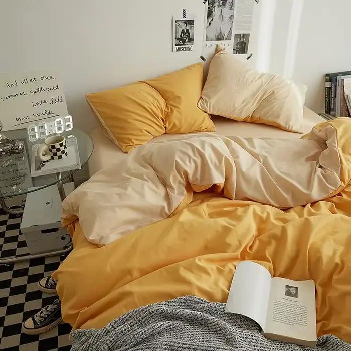 Parure de lit 4 pièces en coton double lavage couleur unie de haute qualité pour dortoir étudiant