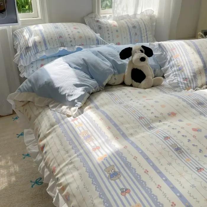 Ensemble de housse de couette à volants floraux bleus