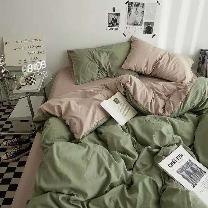 Parure de lit 4 pièces en coton double lavage couleur unie de haute qualité pour dortoir étudiant