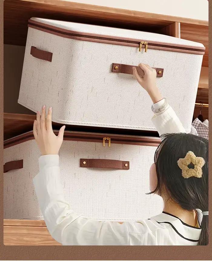 Grande boîte de rangement pour la maison, boîte de rangement robuste en coton et lin avec fermeture éclair et couvercle pour vêtements, jouets, couvertures