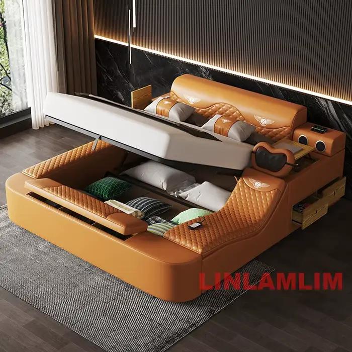 Lit tout-en-un, lit en cuir véritable taille King/Queen avec rangement
