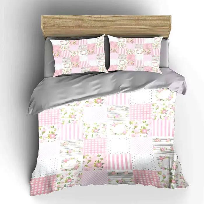 Parure de lit patchwork fleuri rose 3 pièces