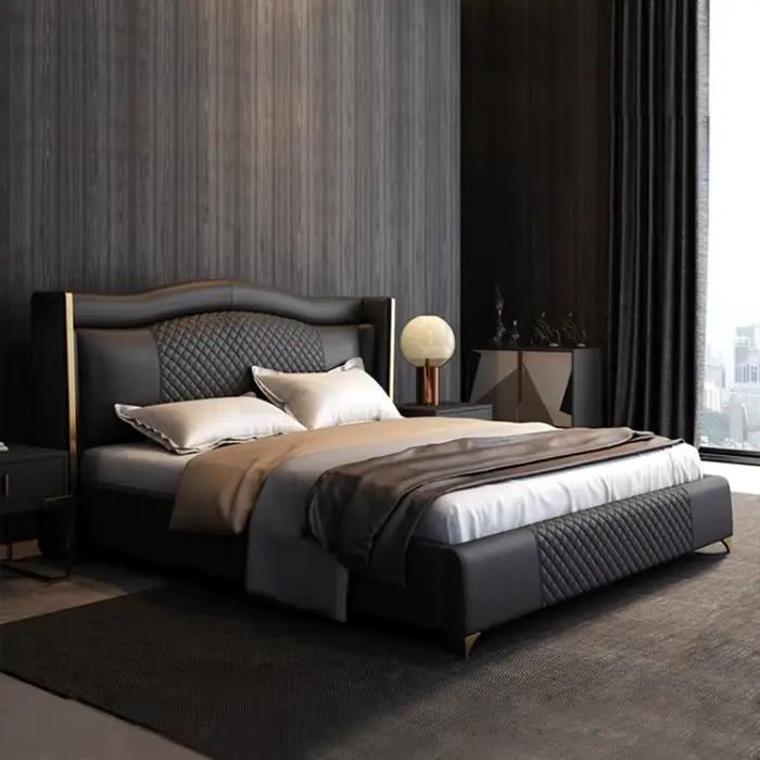 Linlamlim Lit rembourré de luxe en cuir véritable avec tête de lit matelassée – Lit souple moderne King/Queen Size avec accents dorés