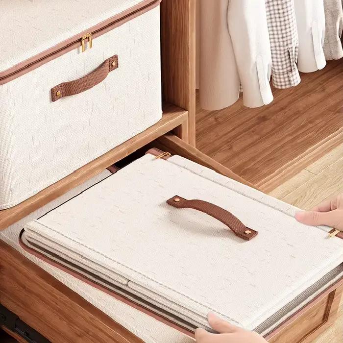 Grande boîte de rangement pour la maison, boîte de rangement robuste en coton et lin avec fermeture éclair et couvercle pour vêtements, jouets, couvertures