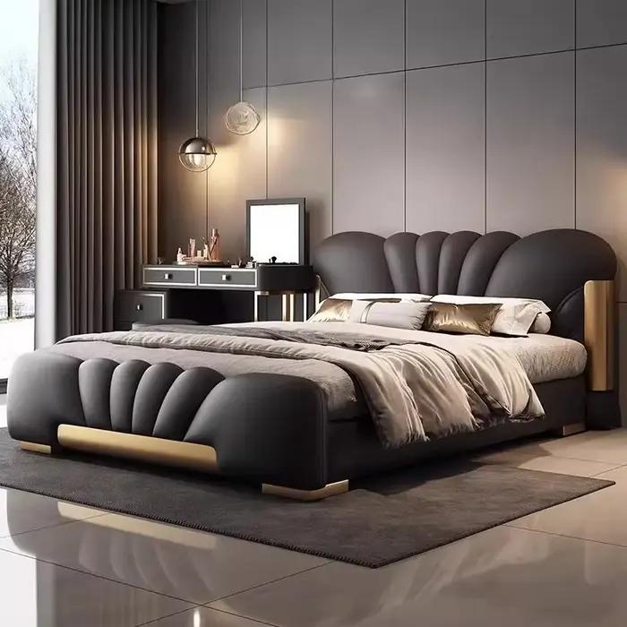Lit de chambre en cuir Nappa avec dossier souple