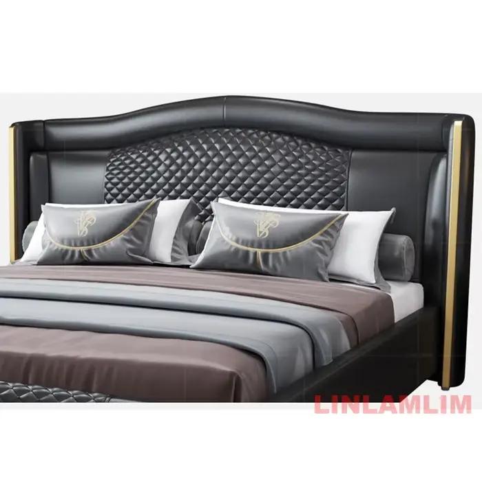 Linlamlim Lit rembourré de luxe en cuir véritable avec tête de lit matelassée – Lit souple moderne King/Queen Size avec accents dorés