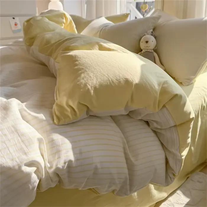 Parure de lit en coton lavé 100% à rayures avec taie d'oreiller