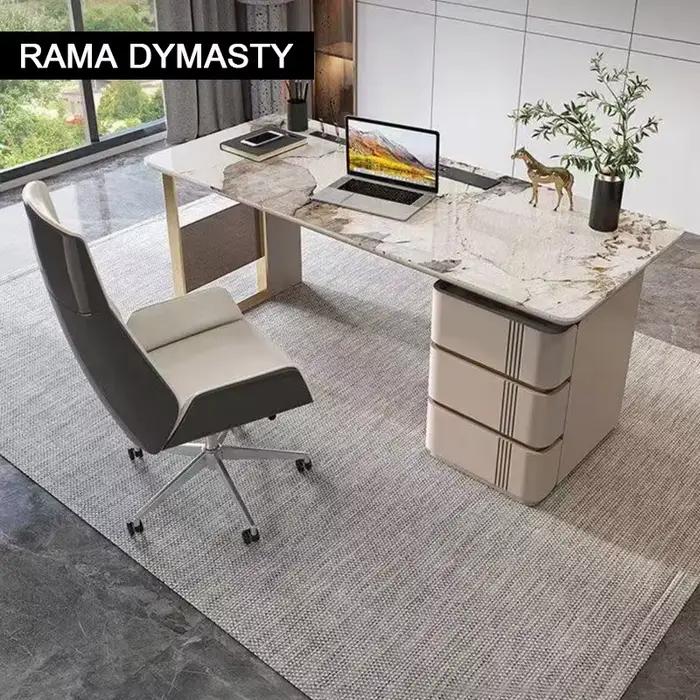 Bureau beige moderne à 3 tiroirs, bureau à domicile en bois, double socle