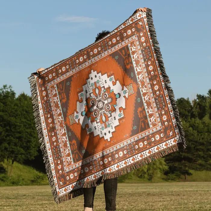 Couvertures en lin tribal à carreaux avec pompon