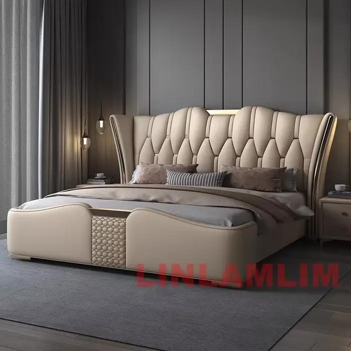 Linlamlim-Cadre de lit en cuir véritable avec accents dorés