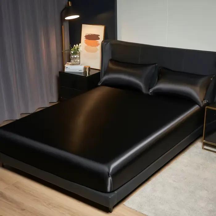 Kuup 100% Polyester 3 pièces surface satinée literie drap-housse et taies d'oreiller ensemble bande élastique autour du matelas housse de lit King