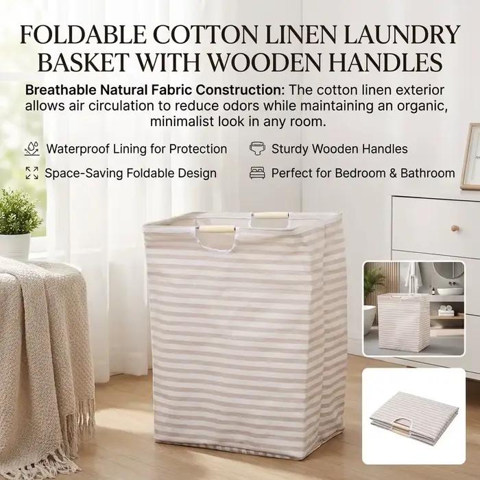 Panier à linge pliable en coton et lin avec poignées pour chambre à coucher