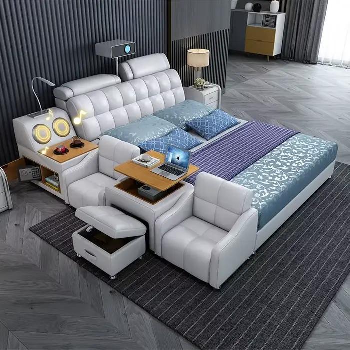Lit plateforme intelligent et moderne en cuir de luxe 180x200 cm avec rangement