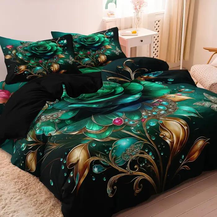 Parure de lit 3 pièces vert émeraude et rose florale dorée-housse de couette de luxe à imprimé floral vintage avec 1 *
