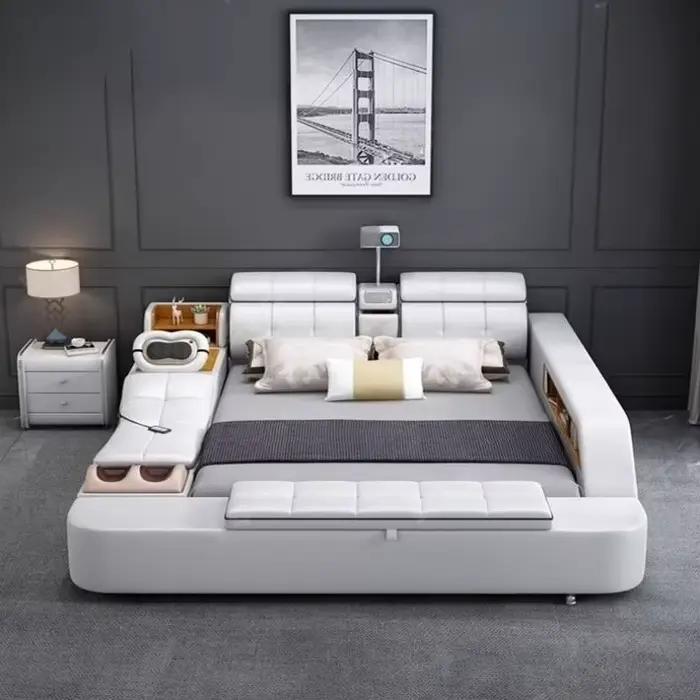 Lit double moderne européen avec tête de lit en bois et revêtement