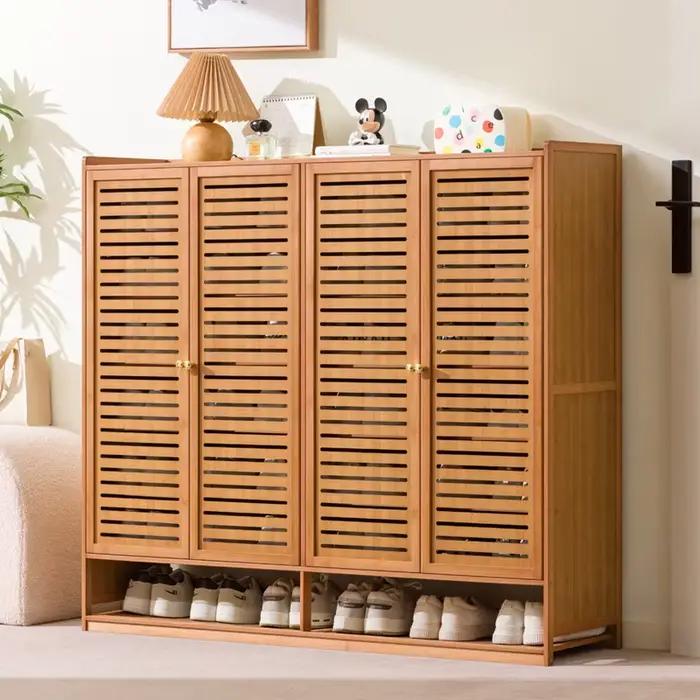 Armoire à chaussures légère et luxueuse en bambou à portes à persiennes