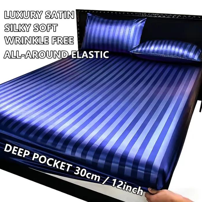 Nouvelle Housse de Matelas Ajustée 1 Pièce en Satin Rayé avec Bande Élastique
