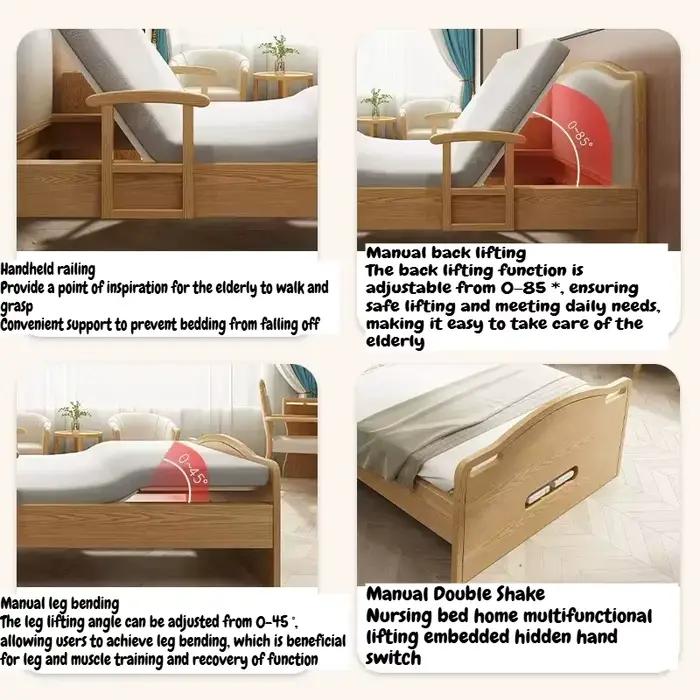 Lit simple en bois adapté aux personnes âgées avec barreaux de sécurité