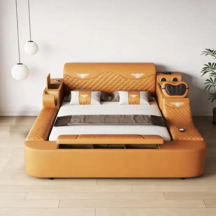Lit tout-en-un, lit en cuir véritable taille King/Queen avec rangement