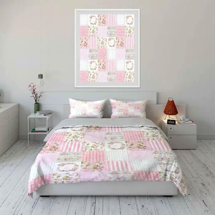 Parure de lit patchwork fleuri rose 3 pièces