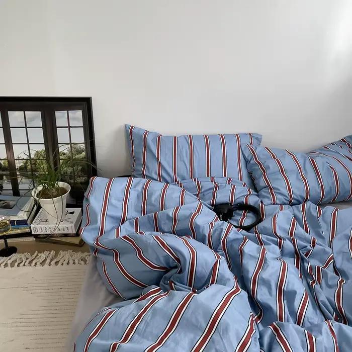 Linge de lit 100% coton housse de couette rayure Queen Size 40s