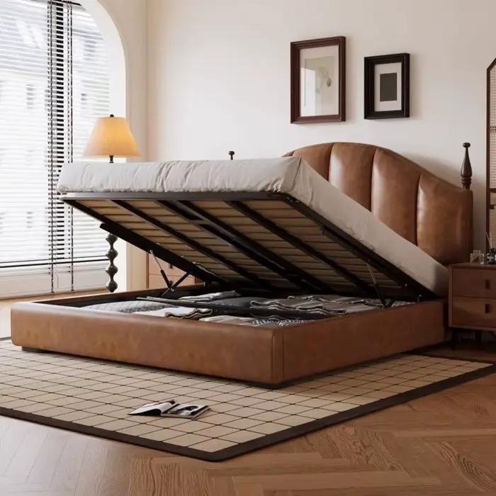 Lit Queen Size de style nordique avec tête de lit capitonnée et organisateur intégré – Idéal pour la décoration de chambre de fille – Accessoires Cama Casal