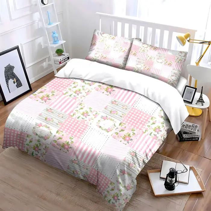 Parure de lit patchwork fleuri rose 3 pièces