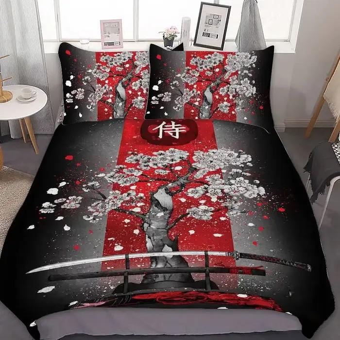 Parure de lit samouraï japonais King/Queen/pleine taille japon coucher de soleil paysage bâtiment Silhouette Polyester housse de couette hommes noir rouge