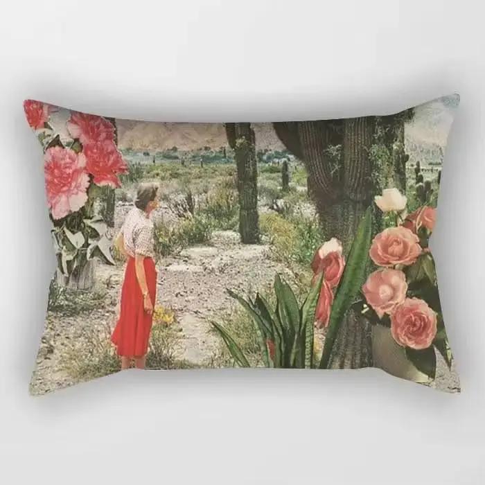 Taie d'oreiller rectangulaire avec motif imprimé de fleurs et de plumes