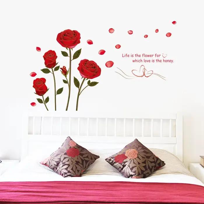 Autocollant mural romantique rose rouge pour chambre à coucher