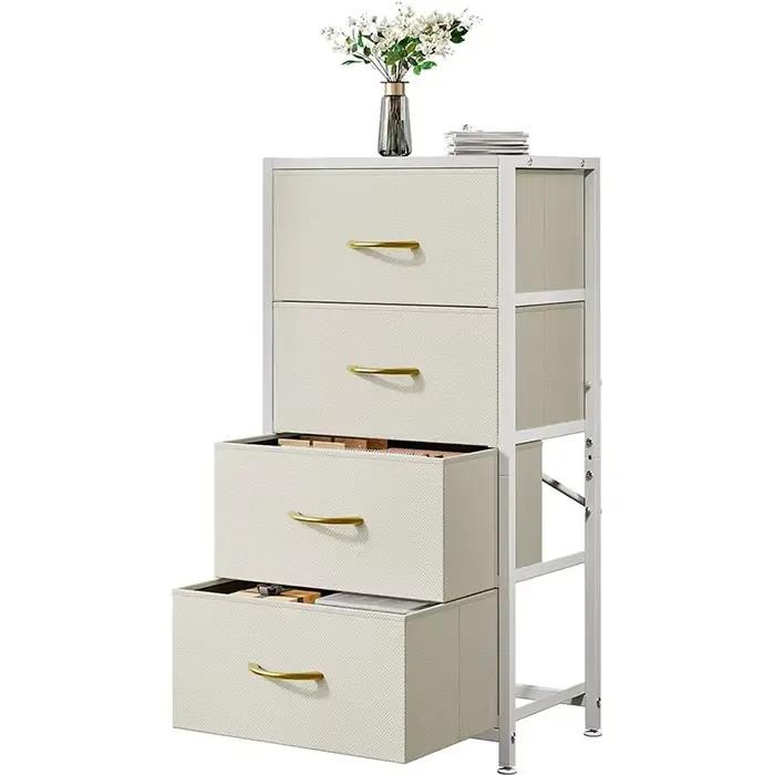 Commode à 4 tiroirs, commode avec plateau en bois et cadre en acier