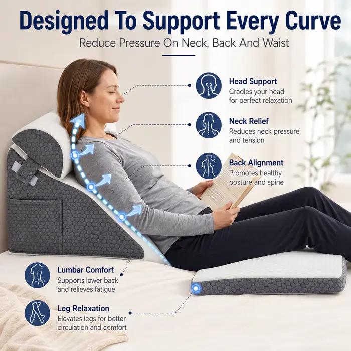 Ensemble de 2/3 oreillers ergonomiques en forme de cale avec poche latérale