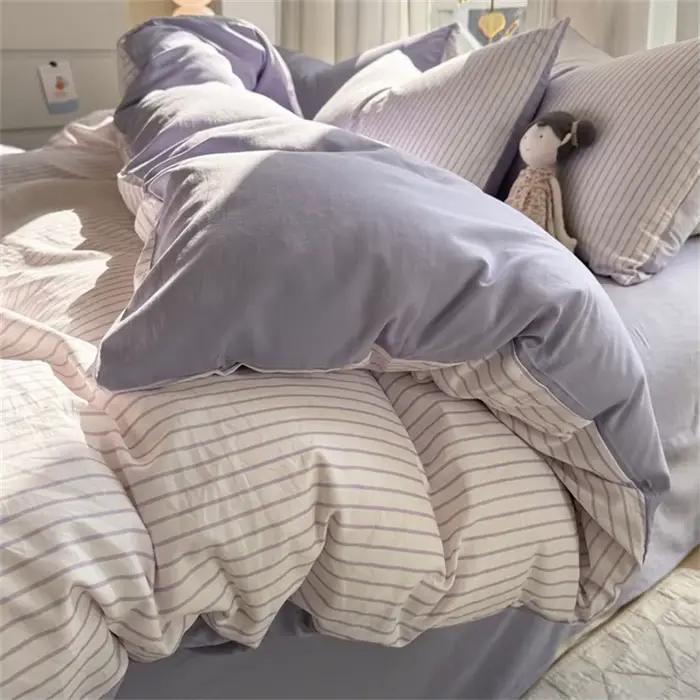 Parure de lit en coton lavé 100% à rayures avec taie d'oreiller